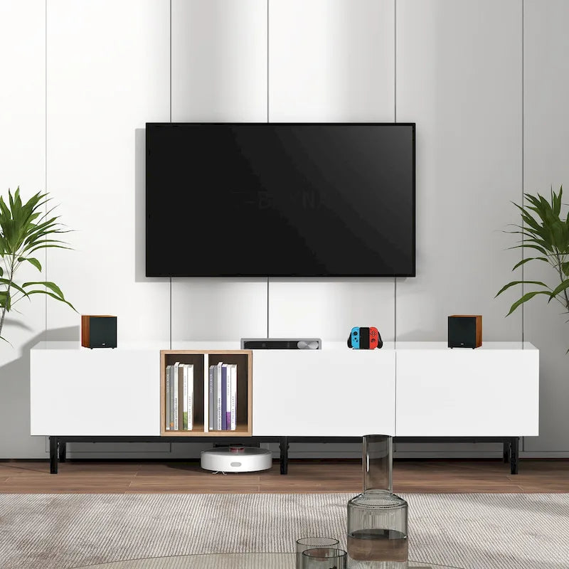 Meuble TV moderne pour téléviseur 80 pouces avec 3 portes, console multimédia, meuble de rangement avec grand placard pour salon