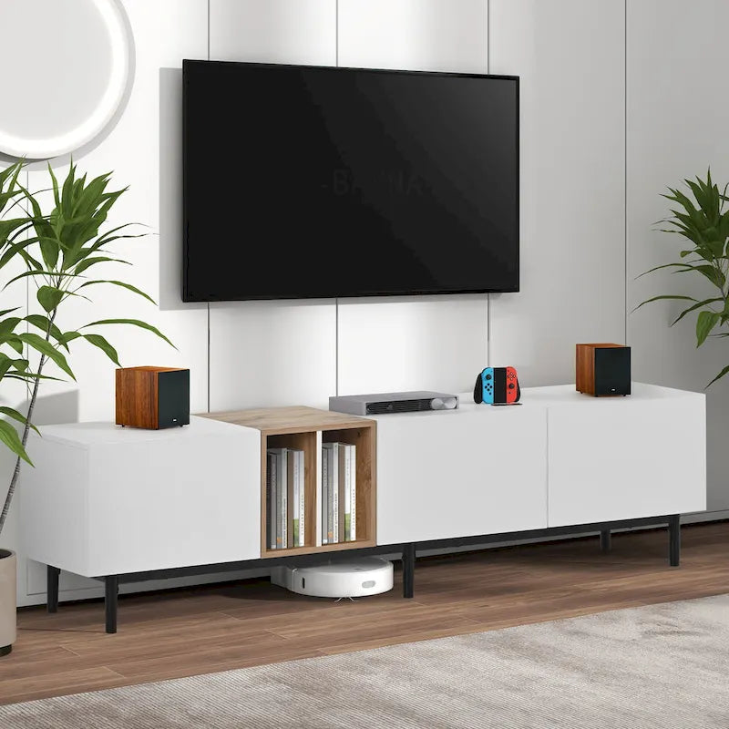 Meuble TV moderne pour téléviseur 80 pouces avec 3 portes, console multimédia, meuble de rangement avec grand placard pour salon