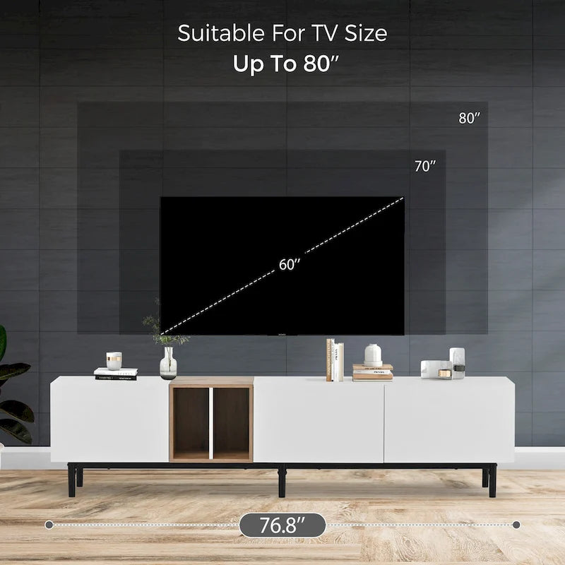 Meuble TV moderne pour téléviseur 80 pouces avec 3 portes, console multimédia, meuble de rangement avec grand placard pour salon