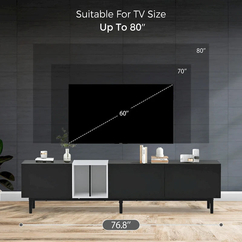 Meuble TV moderne pour téléviseur 80 pouces avec 3 portes, console multimédia, meuble de rangement avec grand placard pour salon