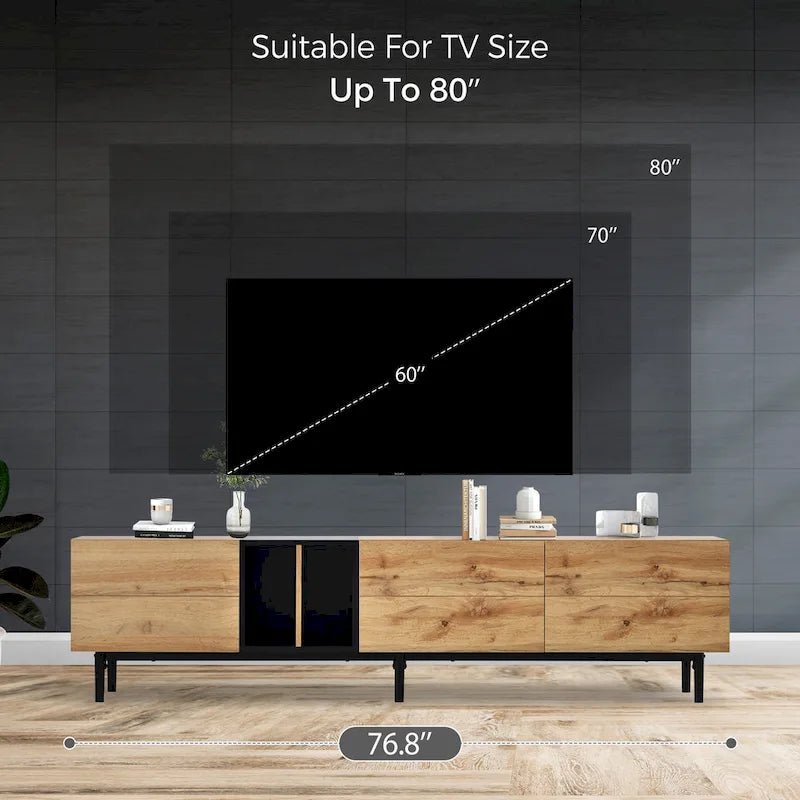 Meuble TV moderne pour téléviseur 80 pouces avec 3 portes, console multimédia, meuble de rangement avec grand placard pour salon