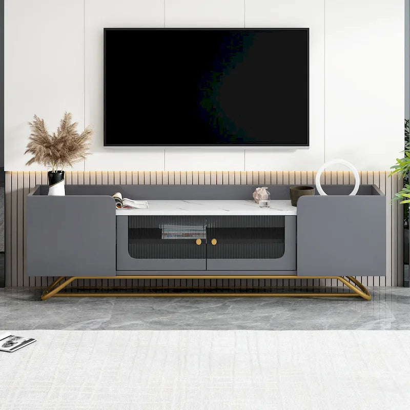 Meuble TV avec verre cannelé, meuble de divertissement pour téléviseurs jusqu'à 70 pouces, console TV avec plateau en faux marbre et piètement doré