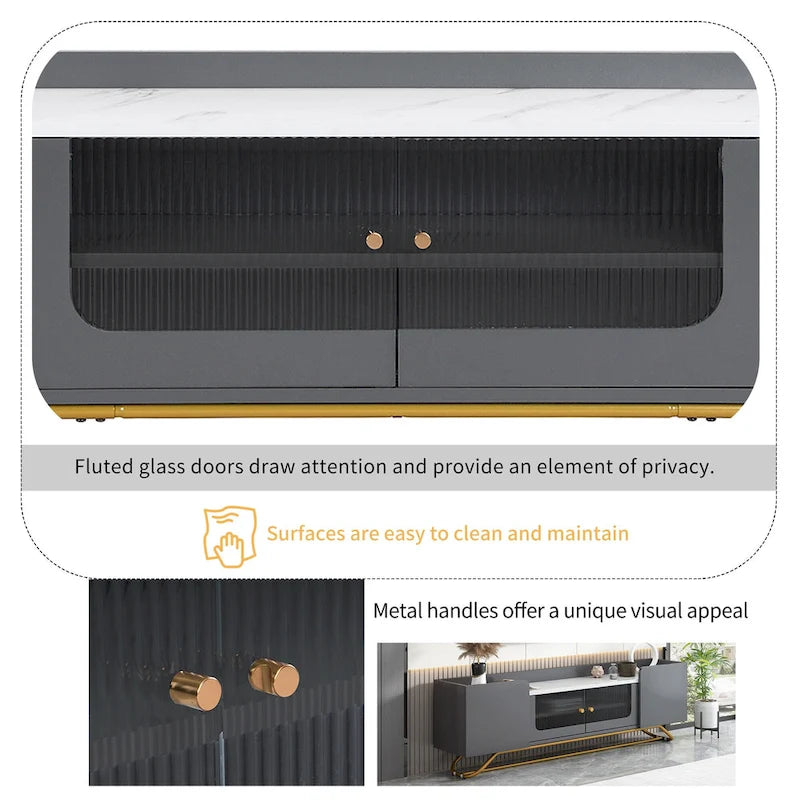 Meuble TV avec verre cannelé, meuble de divertissement pour téléviseurs jusqu'à 70 pouces, console TV avec plateau en faux marbre et piètement doré