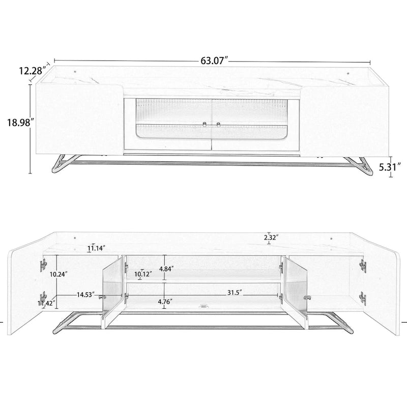 Meuble TV avec verre cannelé, meuble de divertissement pour téléviseurs jusqu'à 70 pouces, console TV avec plateau en faux marbre et piètement doré