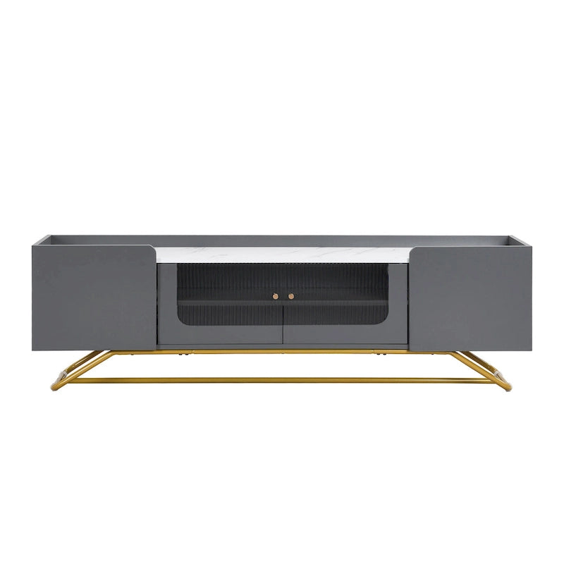 Meuble TV avec verre cannelé, meuble de divertissement pour téléviseurs jusqu'à 70 pouces, console TV avec plateau en faux marbre et piètement doré