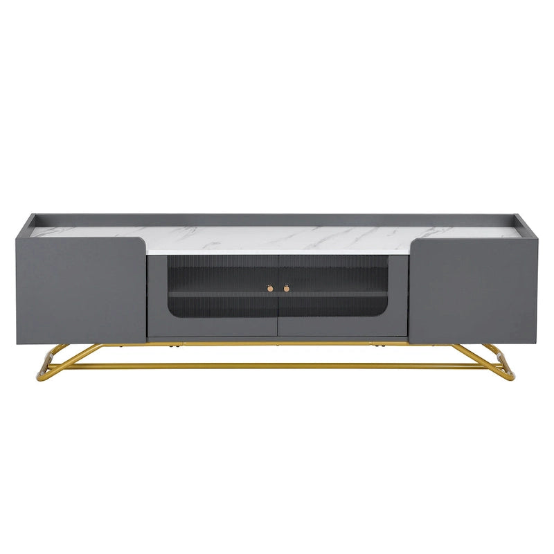 Meuble TV avec verre cannelé, meuble de divertissement pour téléviseurs jusqu'à 70 pouces, console TV avec plateau en faux marbre et piètement doré