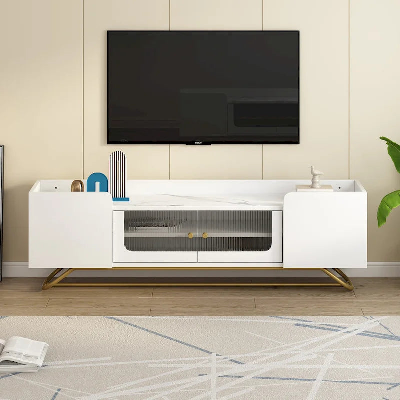 Meuble TV avec verre cannelé, meuble de divertissement pour téléviseurs jusqu'à 70 pouces, console TV avec plateau en faux marbre et piètement doré
