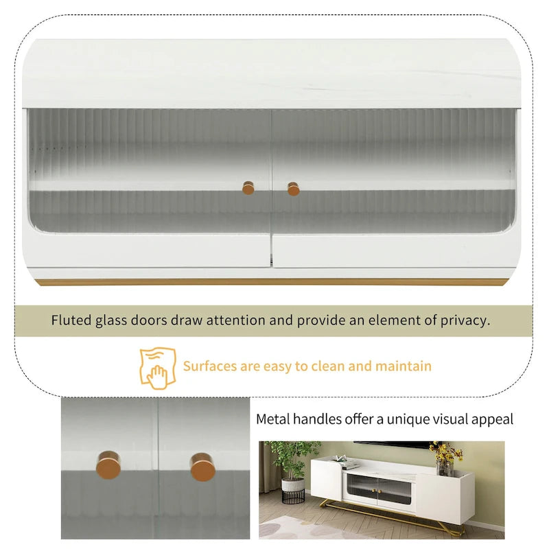 Meuble TV avec verre cannelé, meuble de divertissement pour téléviseurs jusqu'à 70 pouces, console TV avec plateau en faux marbre et piètement doré