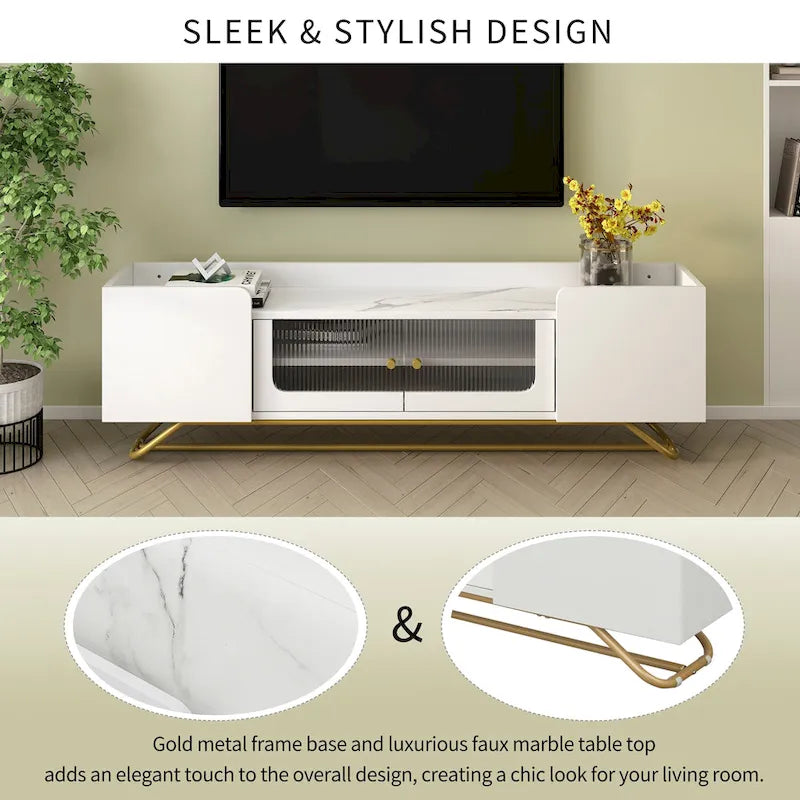 Meuble TV avec verre cannelé, meuble de divertissement pour téléviseurs jusqu'à 70 pouces, console TV avec plateau en faux marbre et piètement doré