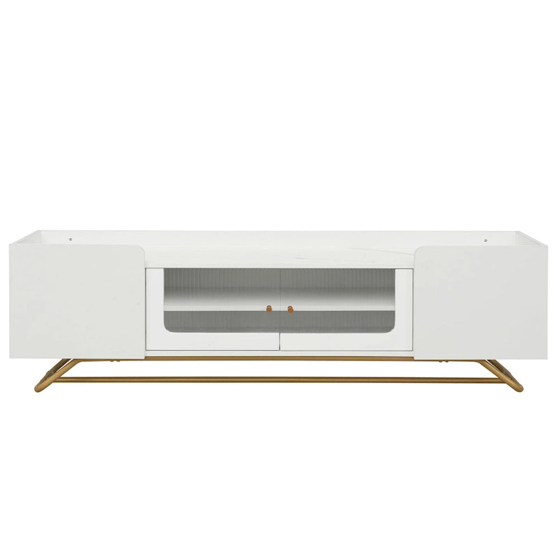 Meuble TV avec verre cannelé, meuble de divertissement pour téléviseurs jusqu'à 70 pouces, console TV avec plateau en faux marbre et piètement doré