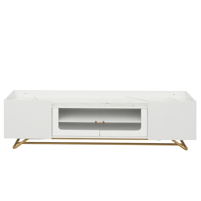 Meuble TV avec verre cannelé, meuble de divertissement pour téléviseurs jusqu'à 70 pouces, console TV avec plateau en faux marbre et piètement doré
