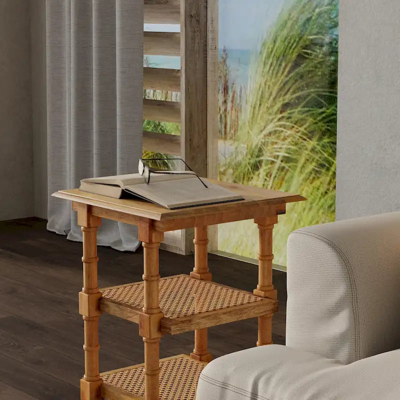 Carolina Living Chesterfield Table d'appoint 3 étagères en bois et cannage - Naturel