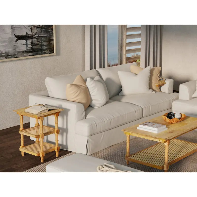Carolina Living Chesterfield Table d'appoint 3 étagères en bois et cannage - Naturel