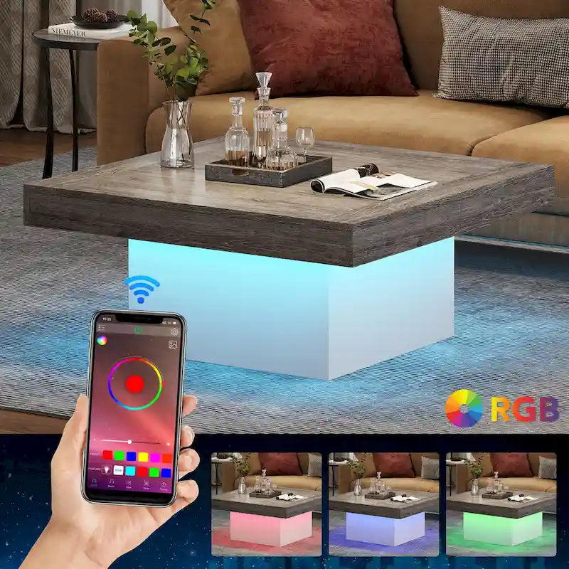 Table basse de ferme carrée avec LED, Table basse en bois manufacturé