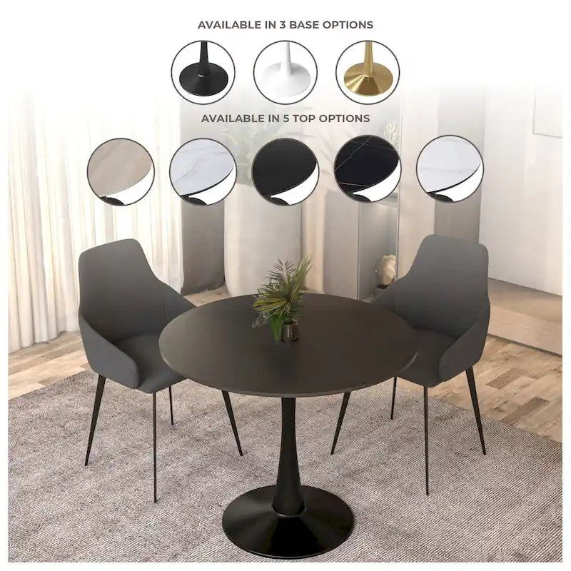 Table à manger ronde Bristol 32, de style moderne du milieu du siècle, plateau en MDF et piétement central en fer brillant pour la cuisine et la salle à manger