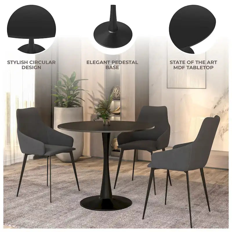 Table à manger ronde Bristol 32, de style moderne du milieu du siècle, plateau en MDF et piétement central en fer brillant pour la cuisine et la salle à manger