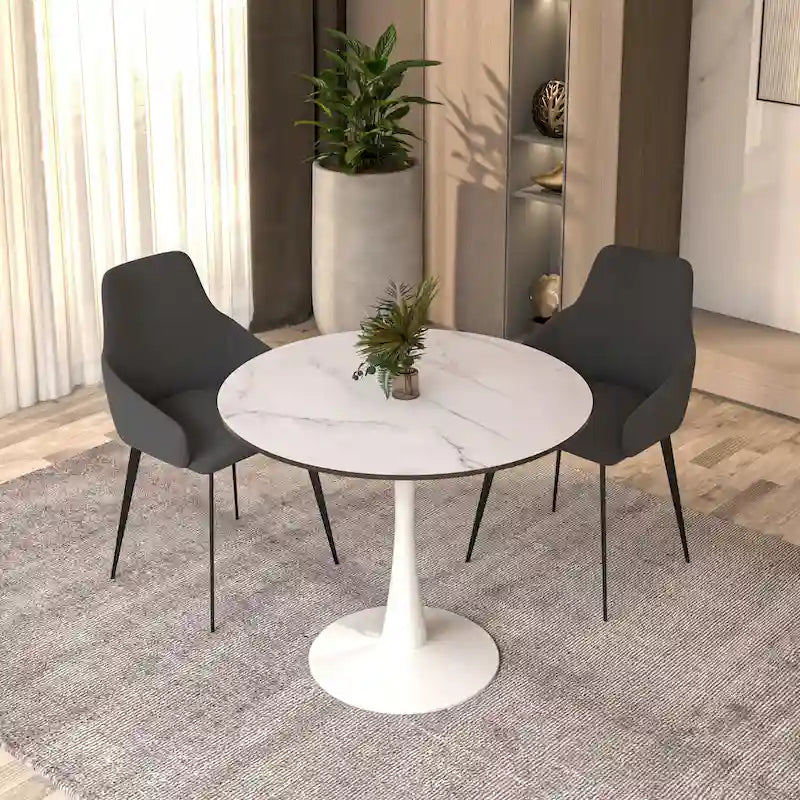 Table à manger ronde Bristol 32, de style moderne du milieu du siècle, plateau en MDF et piétement central en fer brillant pour la cuisine et la salle à manger