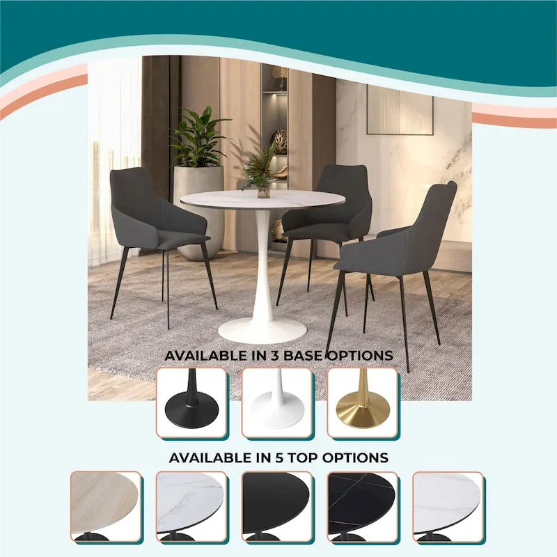 Table à manger ronde Bristol 32, de style moderne du milieu du siècle, plateau en MDF et piétement central en fer brillant pour la cuisine et la salle à manger