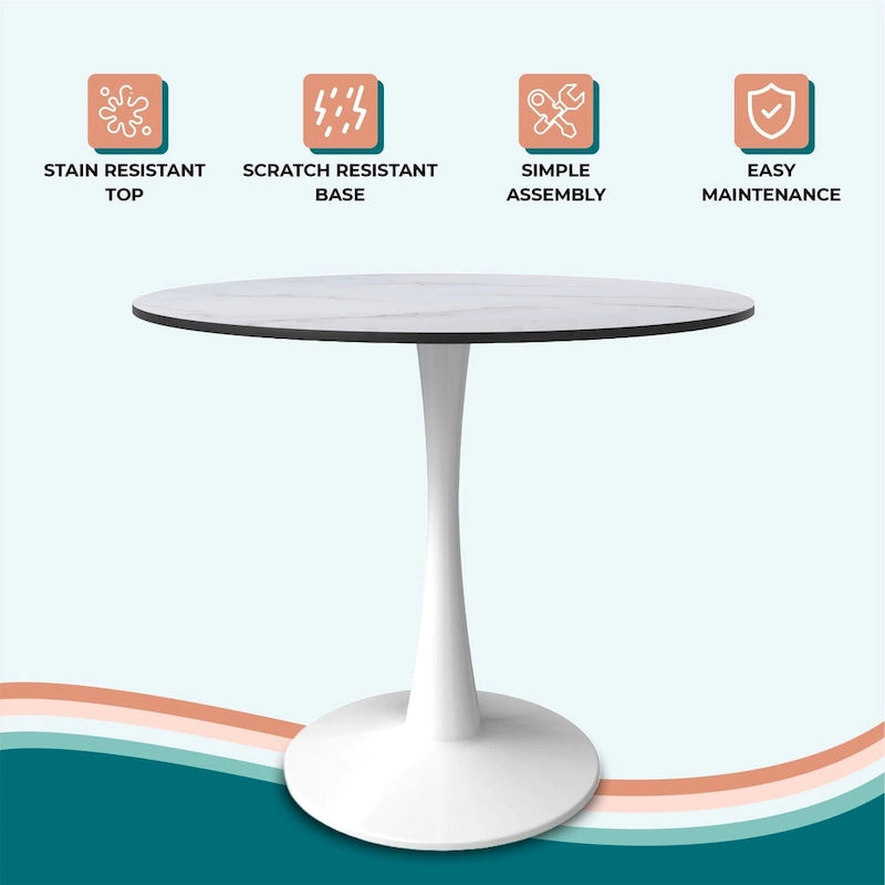 Table à manger ronde Bristol 32, de style moderne du milieu du siècle, plateau en MDF et piétement central en fer brillant pour la cuisine et la salle à manger