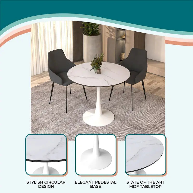 Table à manger ronde Bristol 32, de style moderne du milieu du siècle, plateau en MDF et piétement central en fer brillant pour la cuisine et la salle à manger