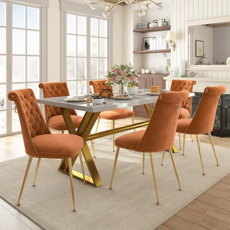 Table de salle à manger en marbre 7 pièces Clihome avec chaises en velours