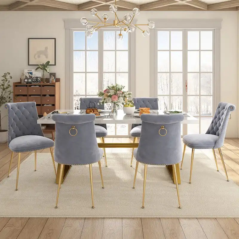 Table de salle à manger en marbre 7 pièces Clihome avec chaises en velours