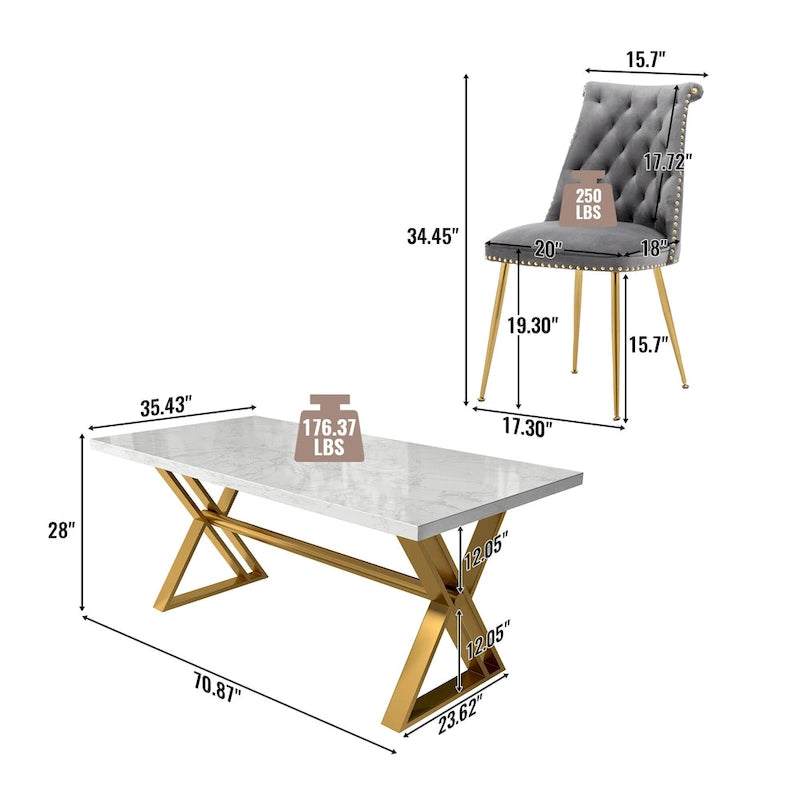 Table de salle à manger en marbre 7 pièces Clihome avec chaises en velours