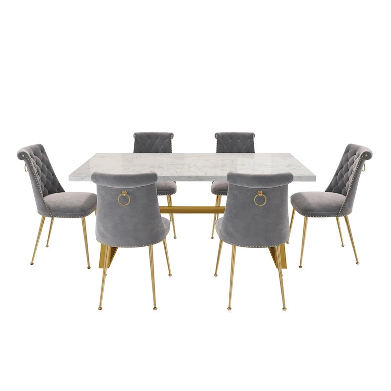 Table de salle à manger en marbre 7 pièces Clihome avec chaises en velours