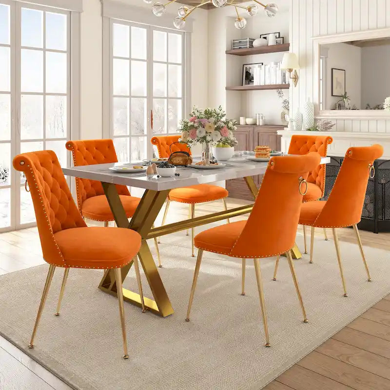 Table de salle à manger en marbre 7 pièces Clihome avec chaises en velours