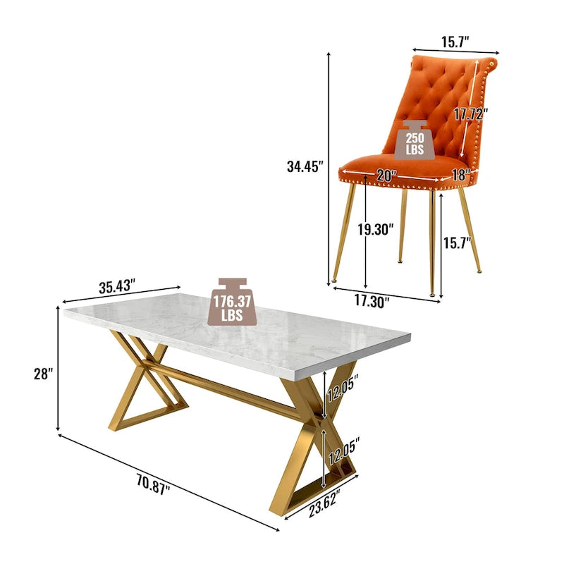 Table de salle à manger en marbre 7 pièces Clihome avec chaises en velours