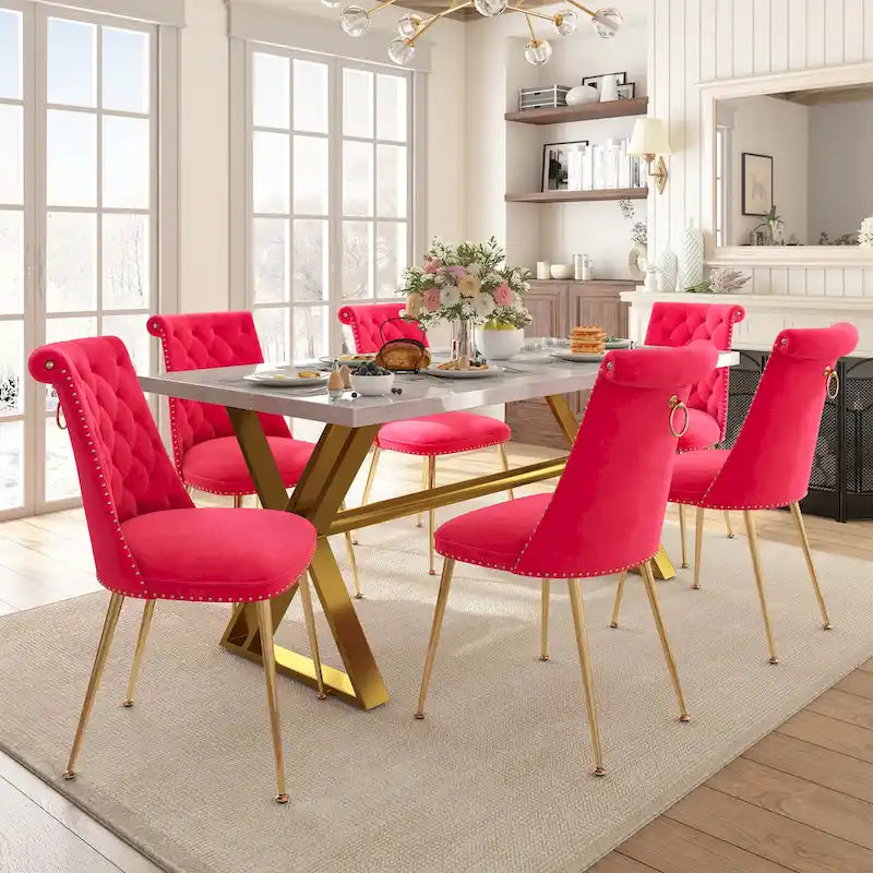 Table de salle à manger en marbre 7 pièces Clihome avec chaises en velours