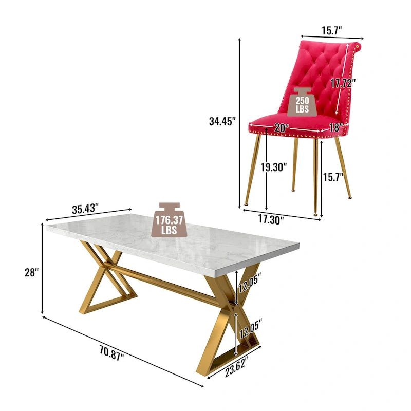 Table de salle à manger en marbre 7 pièces Clihome avec chaises en velours