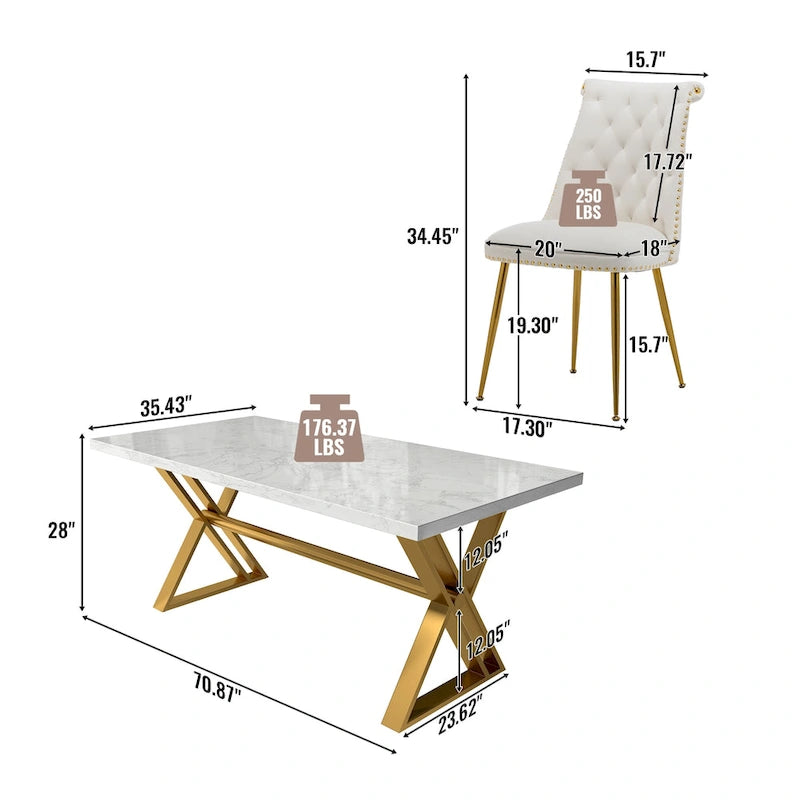 Table de salle à manger en marbre 7 pièces Clihome avec chaises en velours