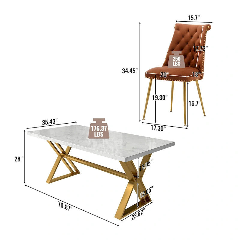 Table de salle à manger en marbre 7 pièces Clihome avec chaises en velours