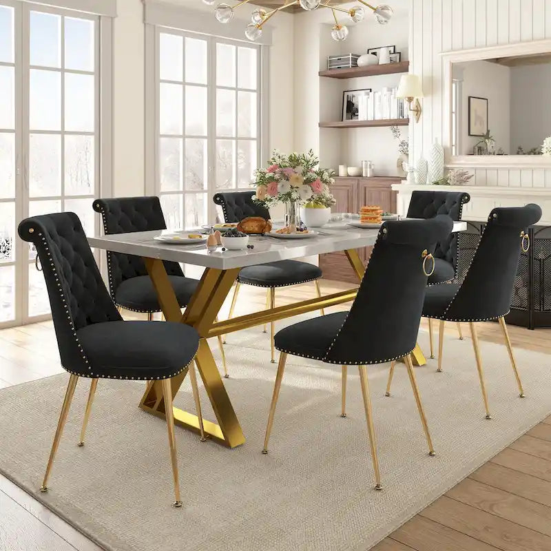 Table de salle à manger en marbre 7 pièces Clihome avec chaises en velours
