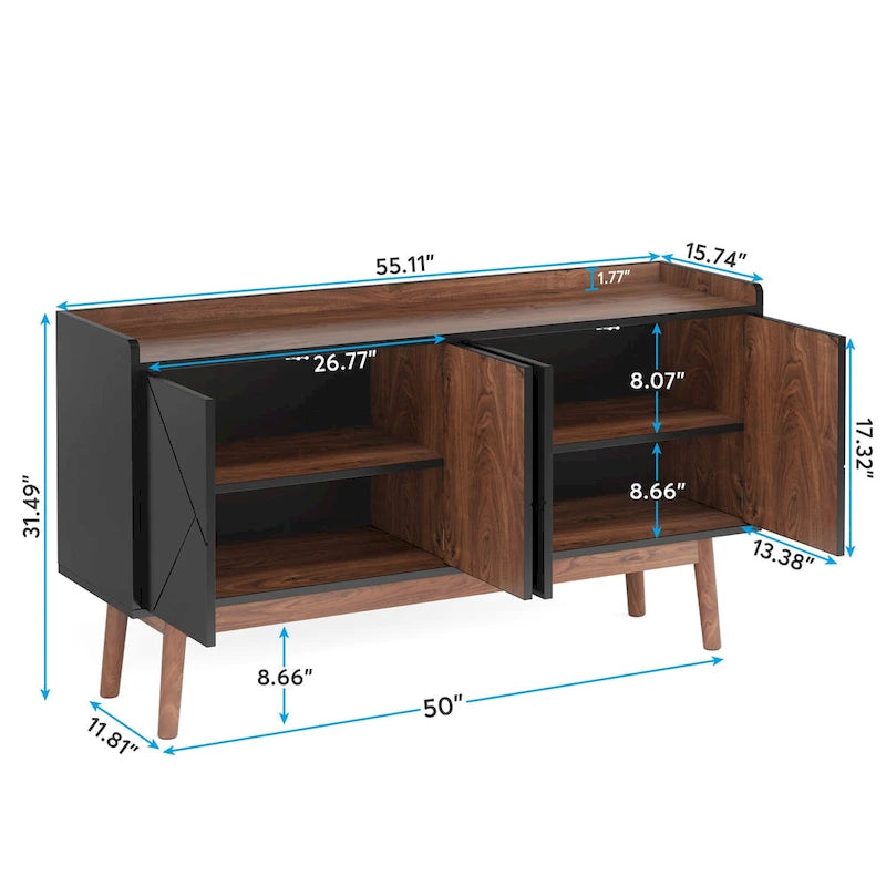 Buffet de salle à manger noir avec rangement et placard, 55 po
