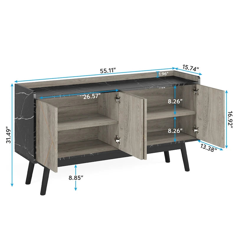 Buffet de salle à manger noir avec rangement et placard, 55 po