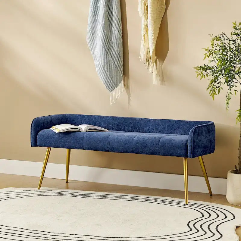 Banc Luis moderne rembourré à dossier bas avec pieds coniques robustes en métal doré par HULALA HOME