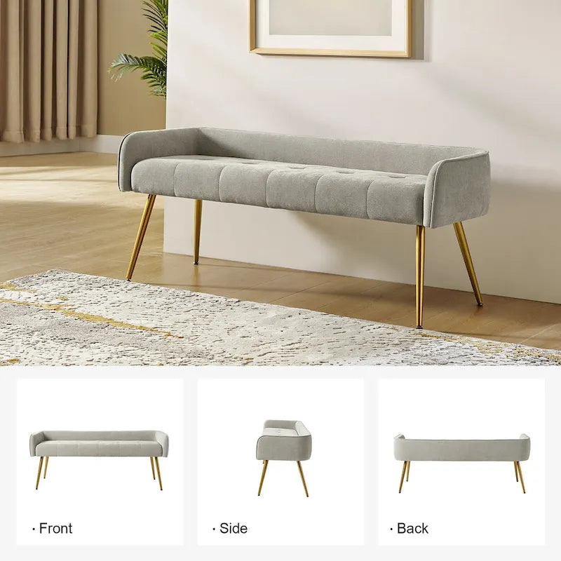 Banc Luis moderne rembourré à dossier bas avec pieds coniques robustes en métal doré par HULALA HOME
