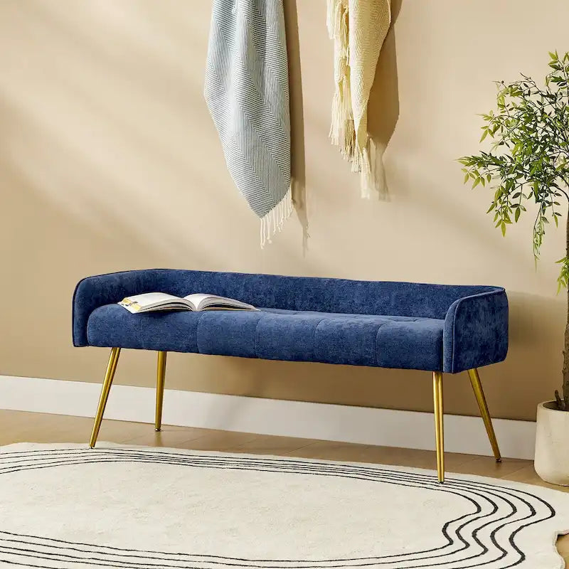 Banc Luis moderne rembourré à dossier bas avec pieds coniques robustes en métal doré par HULALA HOME