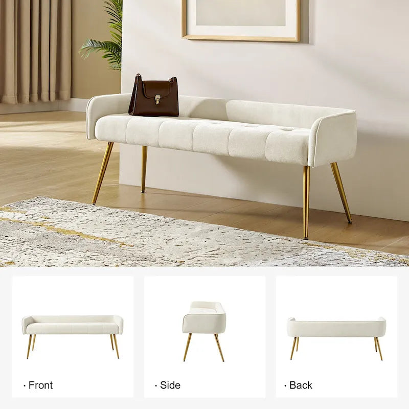 Banc Luis moderne rembourré à dossier bas avec pieds coniques robustes en métal doré par HULALA HOME