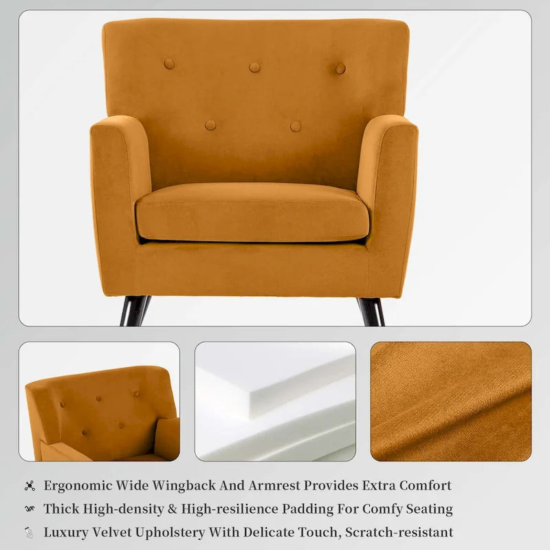 Fauteuil rembourré en velours capitonné pour salon - 28,35 l x 27,56 P x 30,71 H