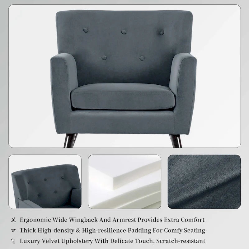 Fauteuil rembourré en velours capitonné pour salon - 28,35 l x 27,56 P x 30,71 H