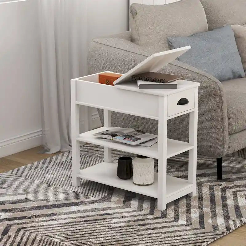 Table d'appoint étroite à plateau relevable avec tiroir, table de chevet avec 2 étagères de rangement ouvertes, petite table pour salon, chambre à coucher