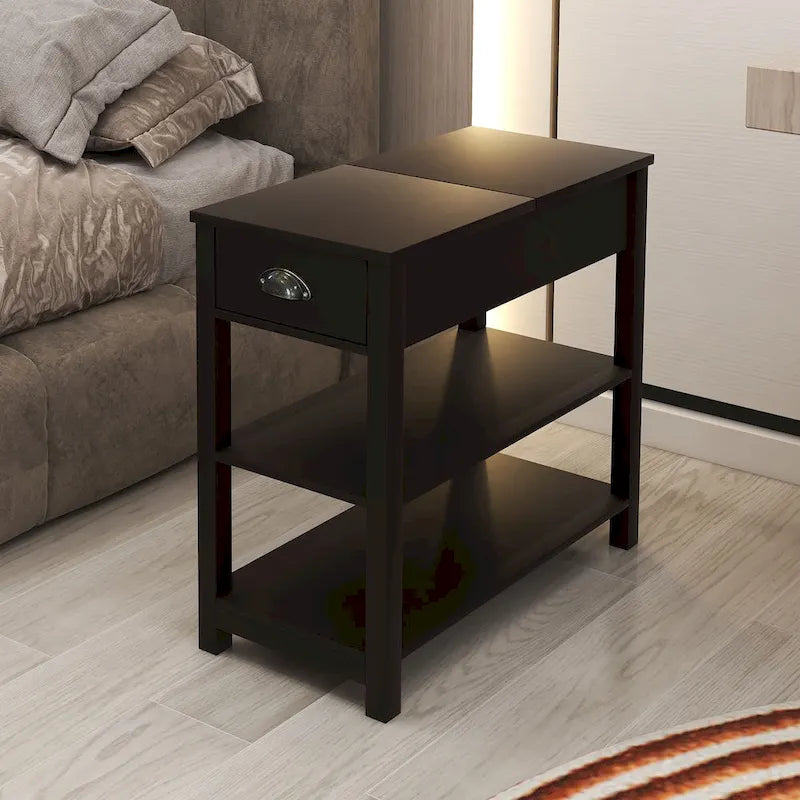 Table d'appoint étroite à plateau relevable avec tiroir, table de chevet avec 2 étagères de rangement ouvertes, petite table pour salon, chambre à coucher