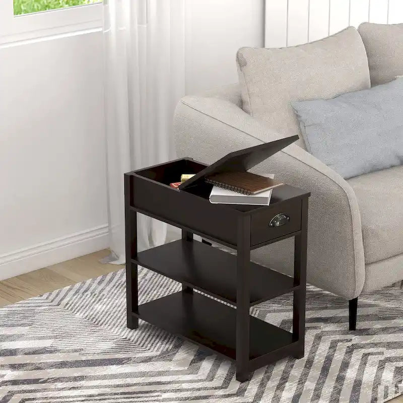 Table d'appoint étroite à plateau relevable avec tiroir, table de chevet avec 2 étagères de rangement ouvertes, petite table pour salon, chambre à coucher