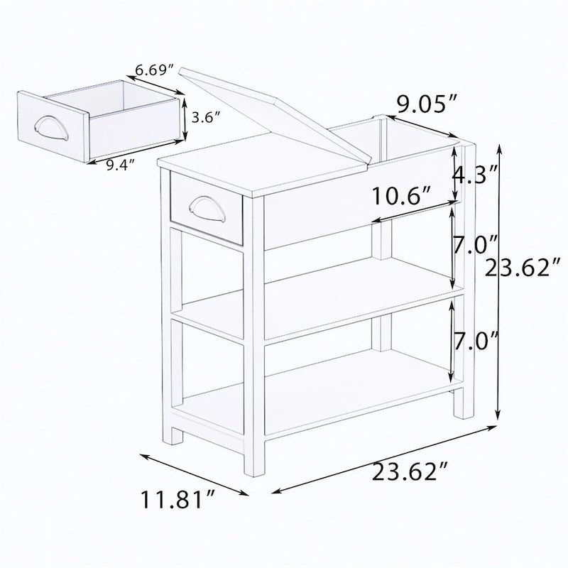 Table d'appoint étroite à plateau relevable avec tiroir, table de chevet avec 2 étagères de rangement ouvertes, petite table pour salon, chambre à coucher