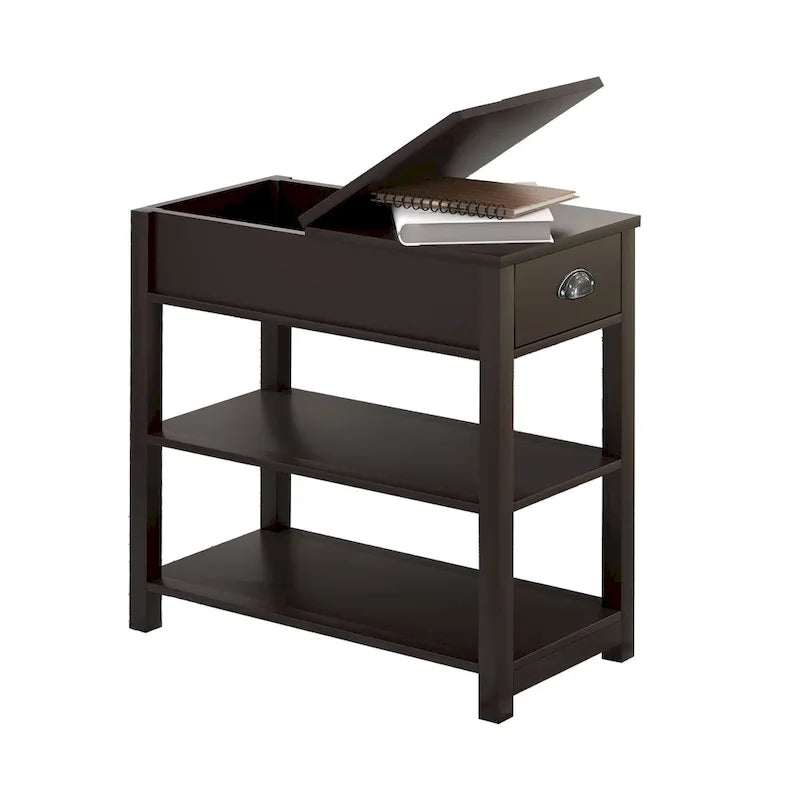 Table d'appoint étroite à plateau relevable avec tiroir, table de chevet avec 2 étagères de rangement ouvertes, petite table pour salon, chambre à coucher