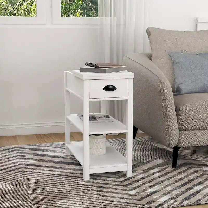 Table d'appoint étroite à plateau relevable avec tiroir, table de chevet avec 2 étagères de rangement ouvertes, petite table pour salon, chambre à coucher