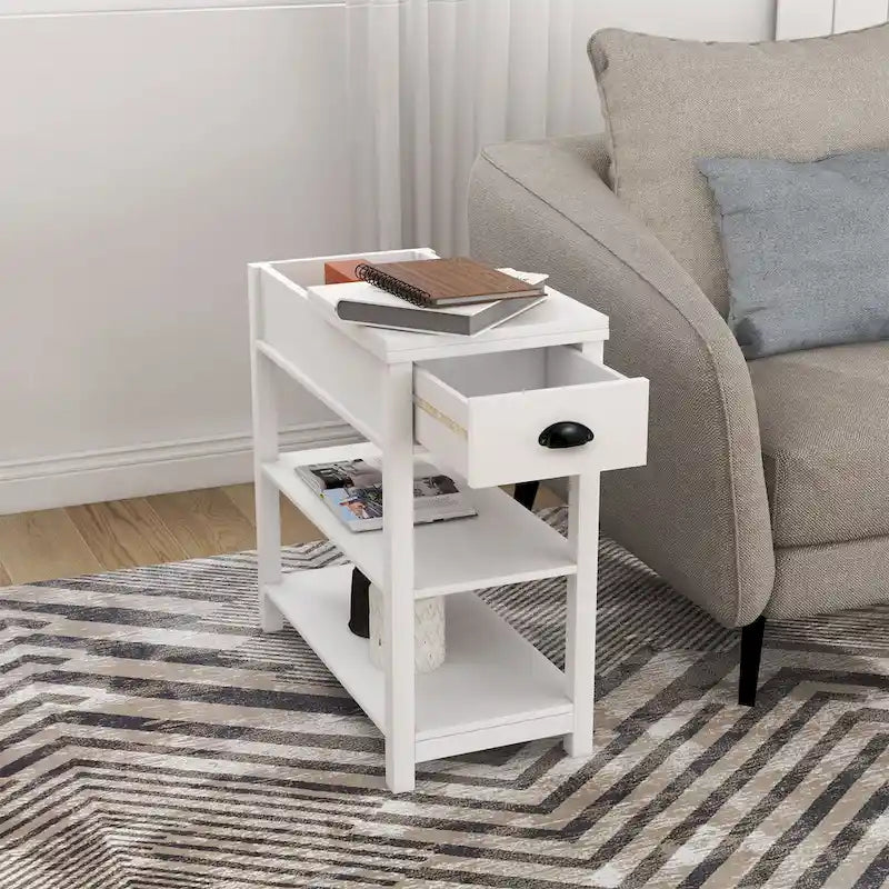 Table d'appoint étroite à plateau relevable avec tiroir, table de chevet avec 2 étagères de rangement ouvertes, petite table pour salon, chambre à coucher